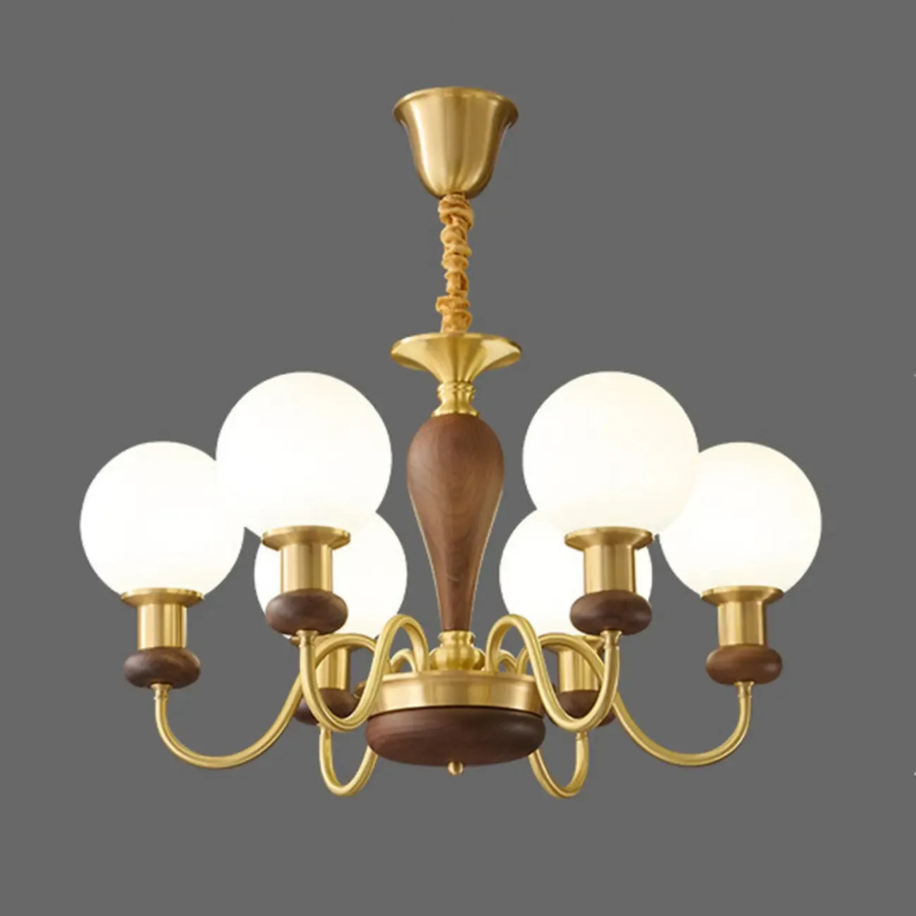 Lustre en laiton et bois de style Mid-Century avec abat-jour en verre sphérique