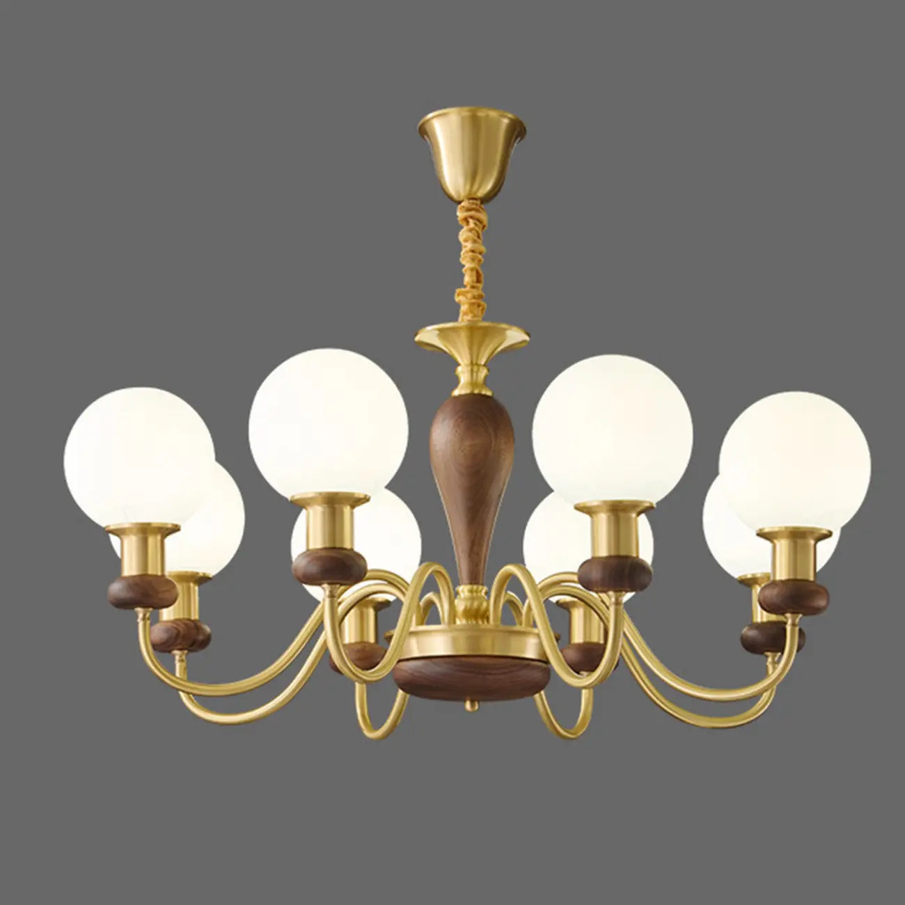 Lustre en laiton et bois de style Mid-Century avec abat-jour en verre sphérique