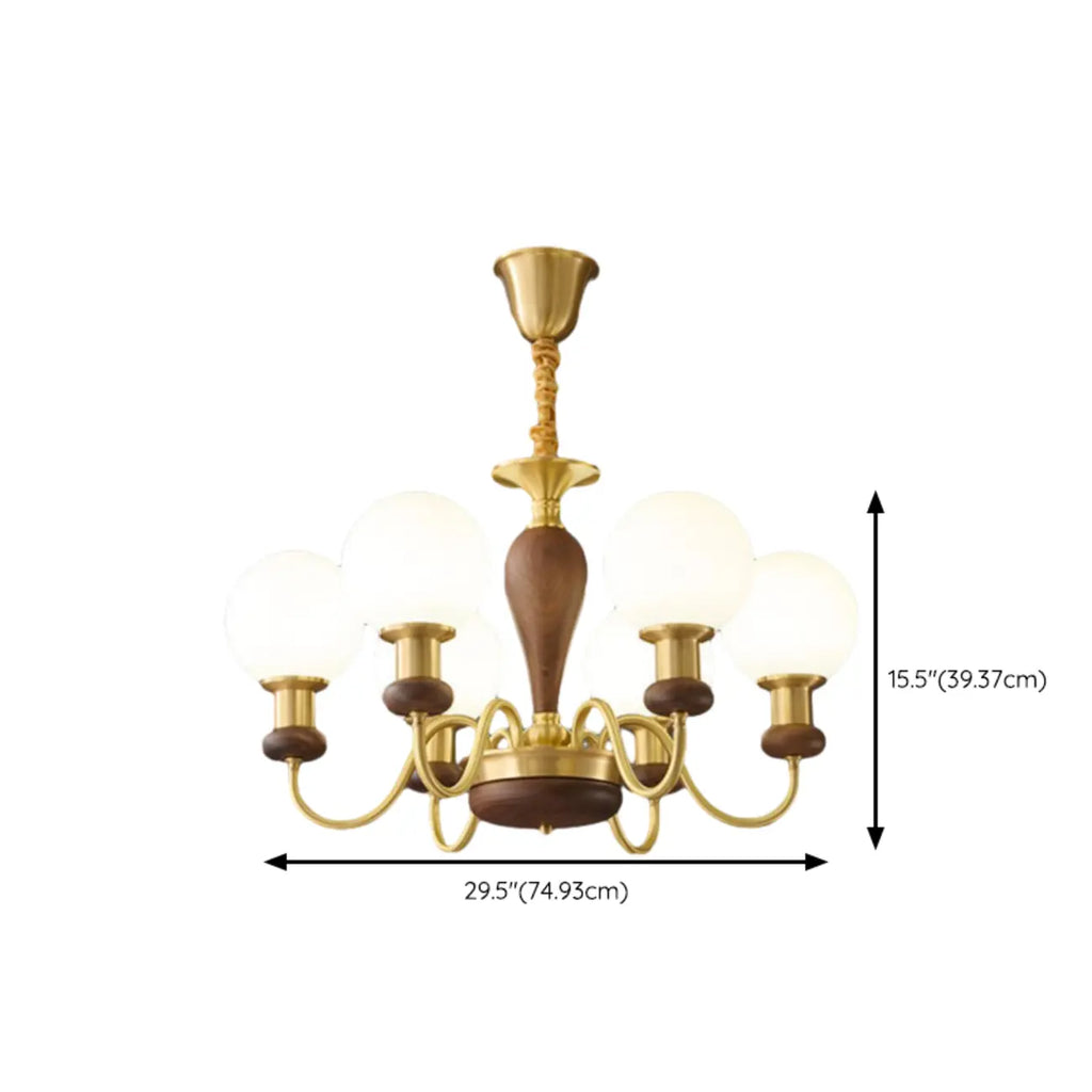 Lustre en laiton et bois de style Mid-Century avec abat-jour en verre sphérique