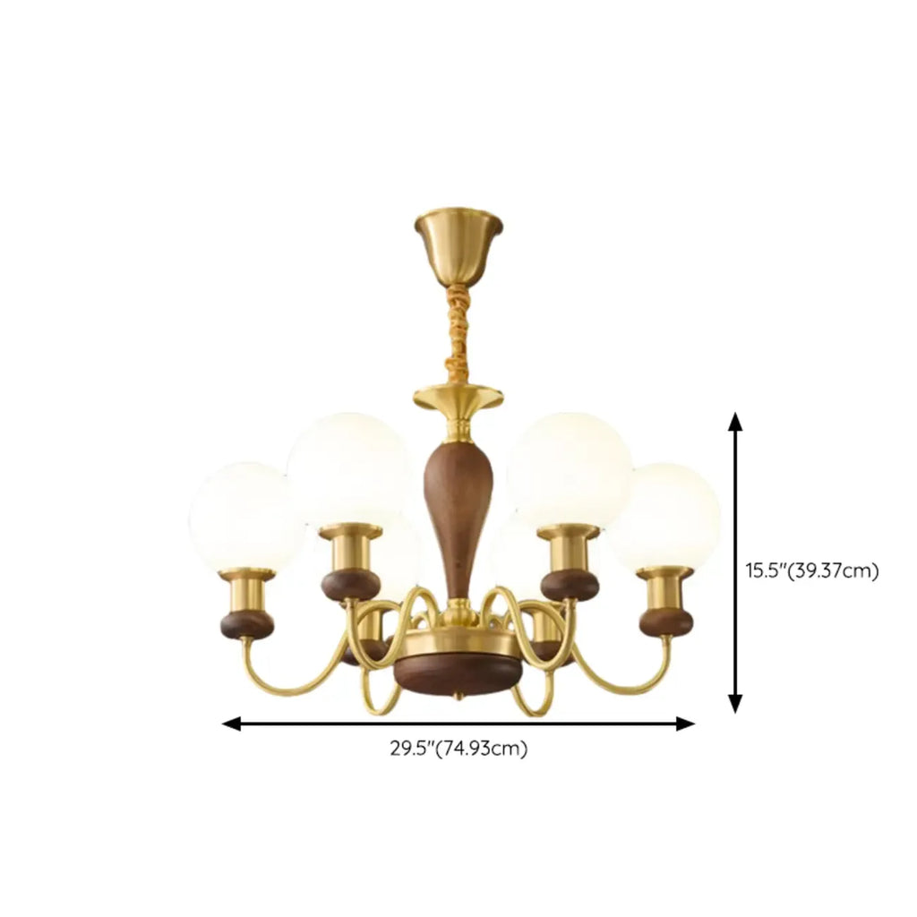 Lustre en laiton et bois de style Mid-Century avec abat-jour en verre sphérique