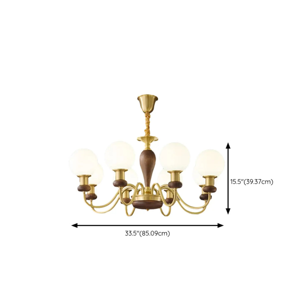 Lustre en laiton et bois de style Mid-Century avec abat-jour en verre sphérique