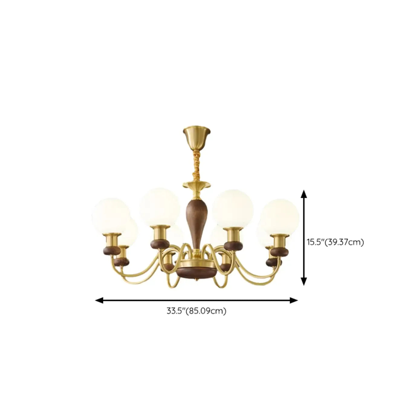 Lustre en laiton et bois de style Mid-Century avec abat-jour en verre sphérique