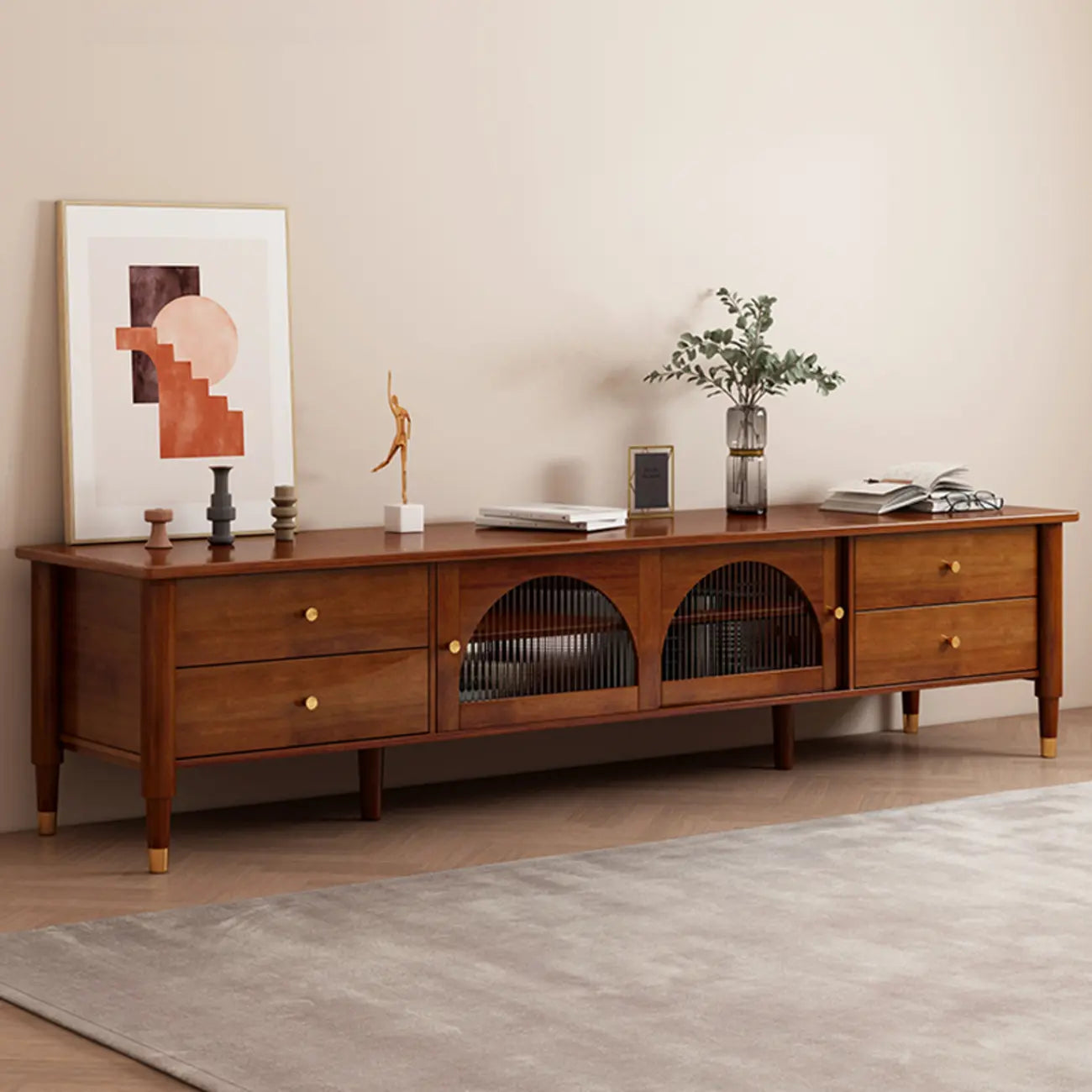 Meuble TV moderne en pin brun à 2 tiroirs avec armoire