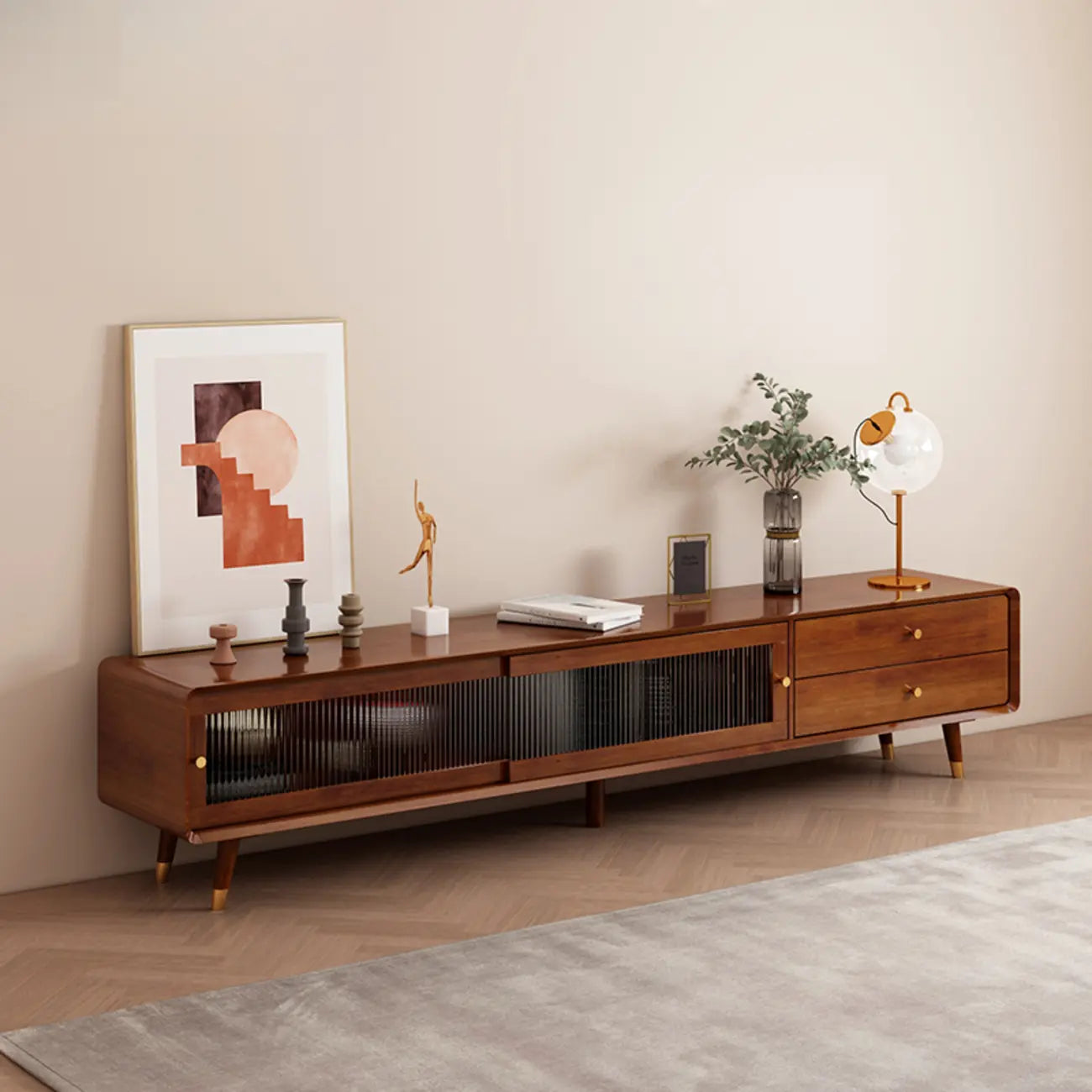 Meuble TV moderne en pin brun à 2 tiroirs avec armoire