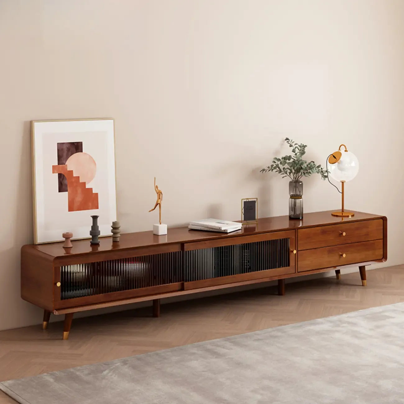 Meuble TV moderne en pin brun à 2 tiroirs avec armoire