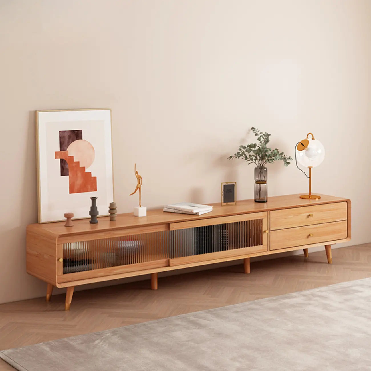 Meuble TV moderne en pin brun à 2 tiroirs avec armoire