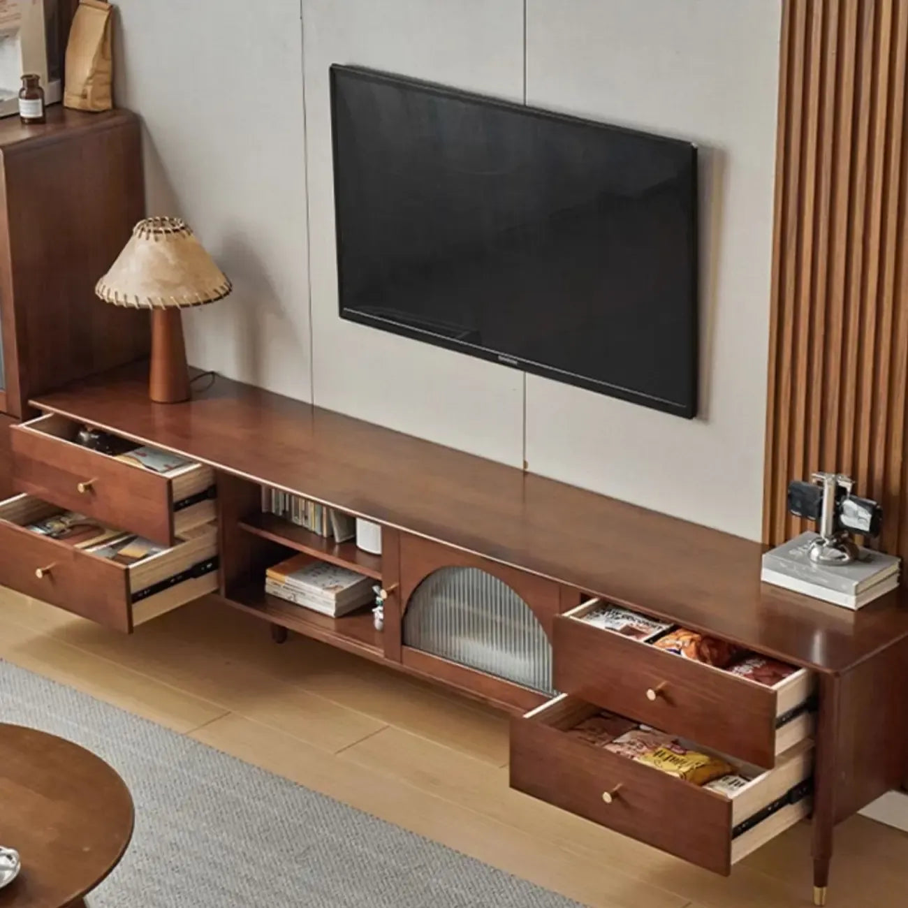 Meuble TV moderne en pin brun à 2 tiroirs avec armoire