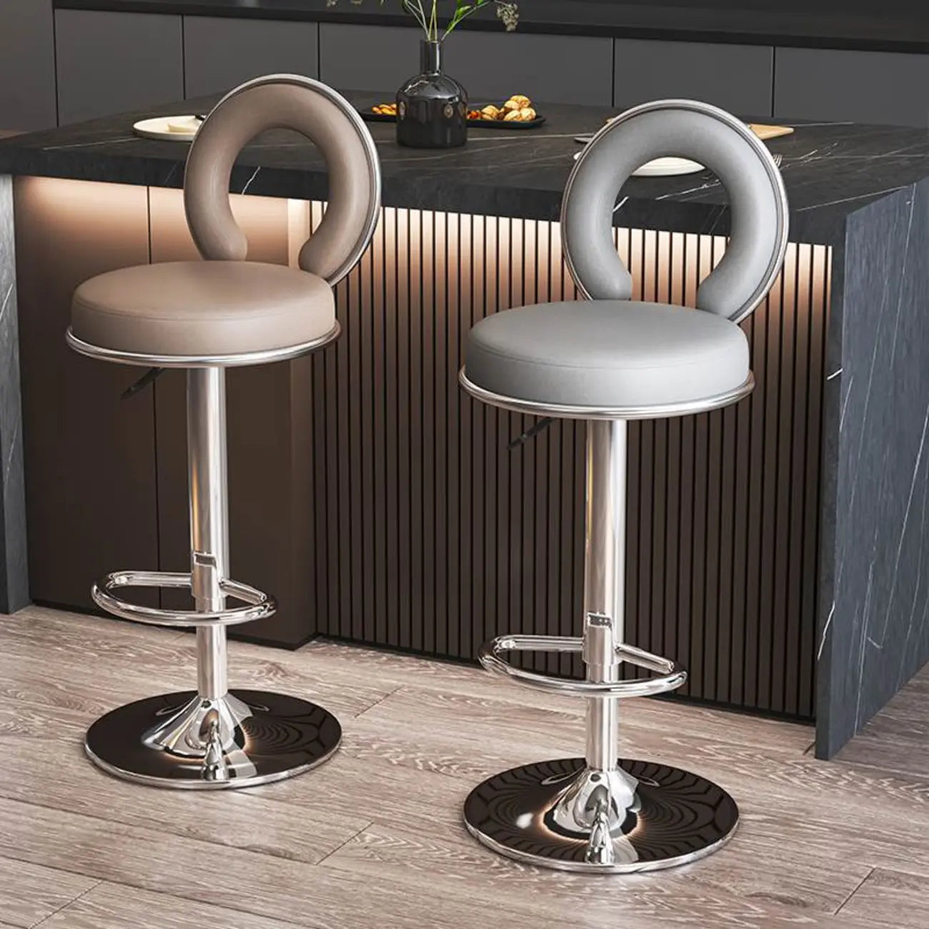 Tabouret de bar pivotant rond et réglable en cuir avec dossier