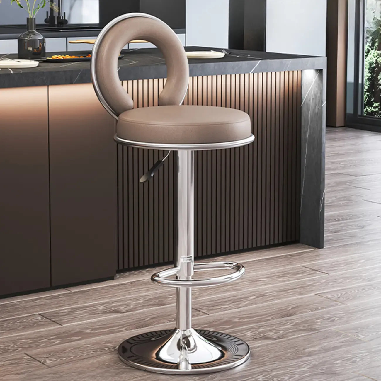 Tabouret de bar pivotant rond et réglable en cuir avec dossier