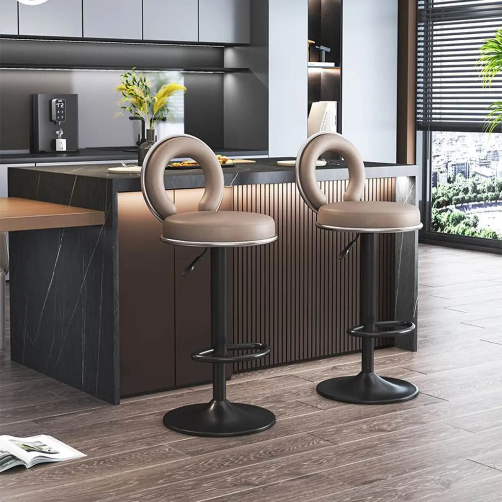 Tabouret de bar pivotant rond et réglable en cuir avec dossier