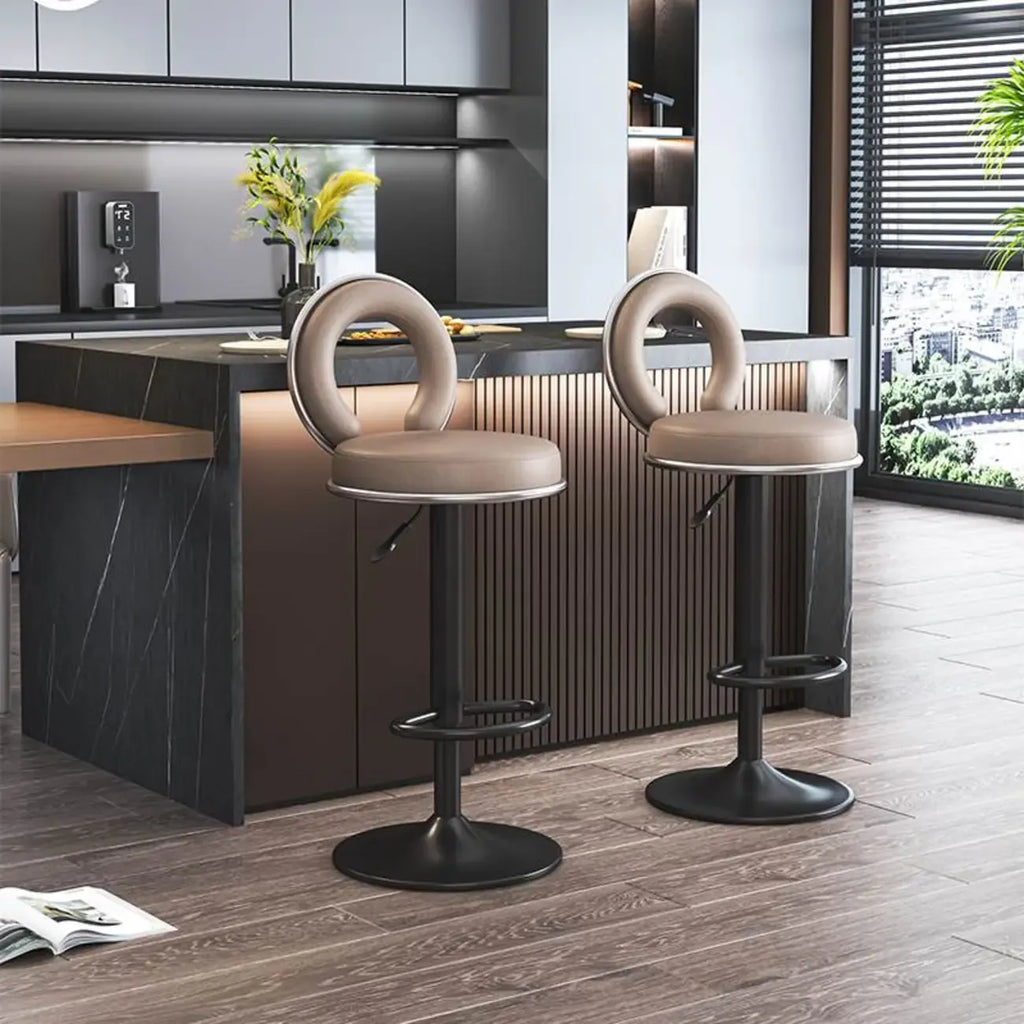 Tabouret de bar pivotant rond et réglable en cuir avec dossier