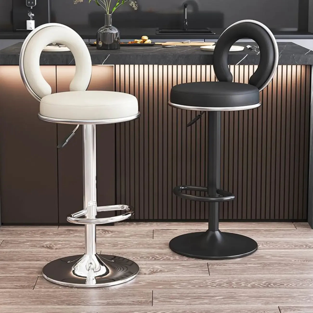 Tabouret de bar pivotant rond et réglable en cuir avec dossier