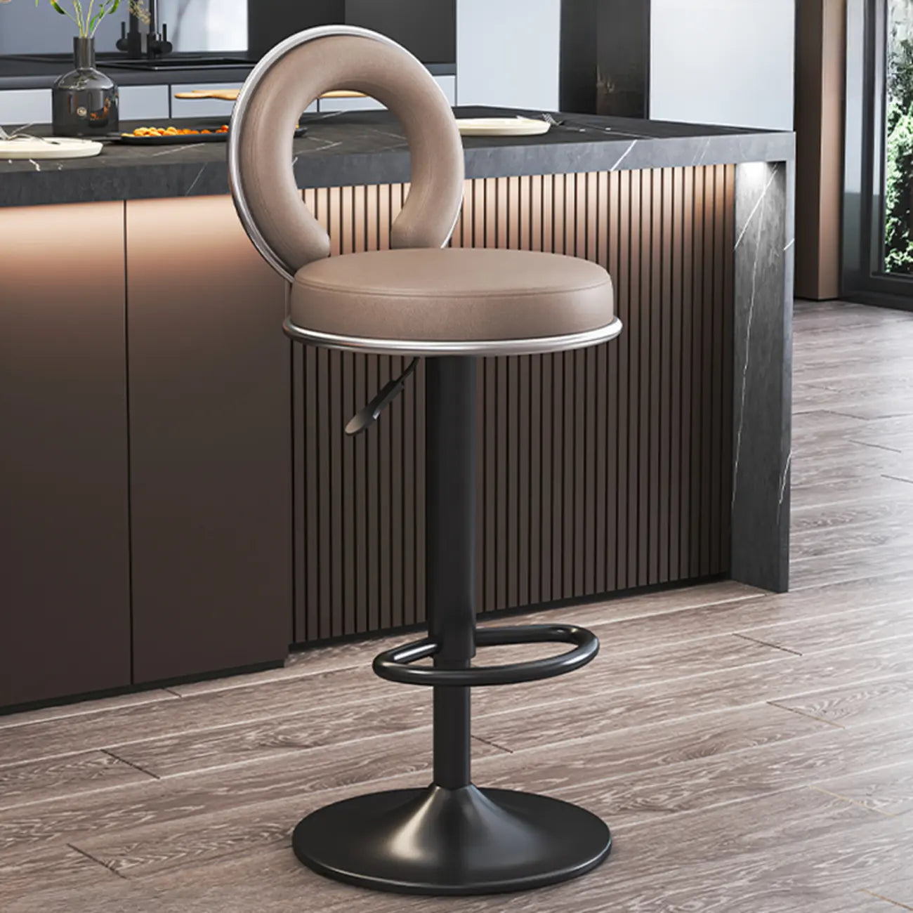 Tabouret de bar pivotant rond et réglable en cuir avec dossier