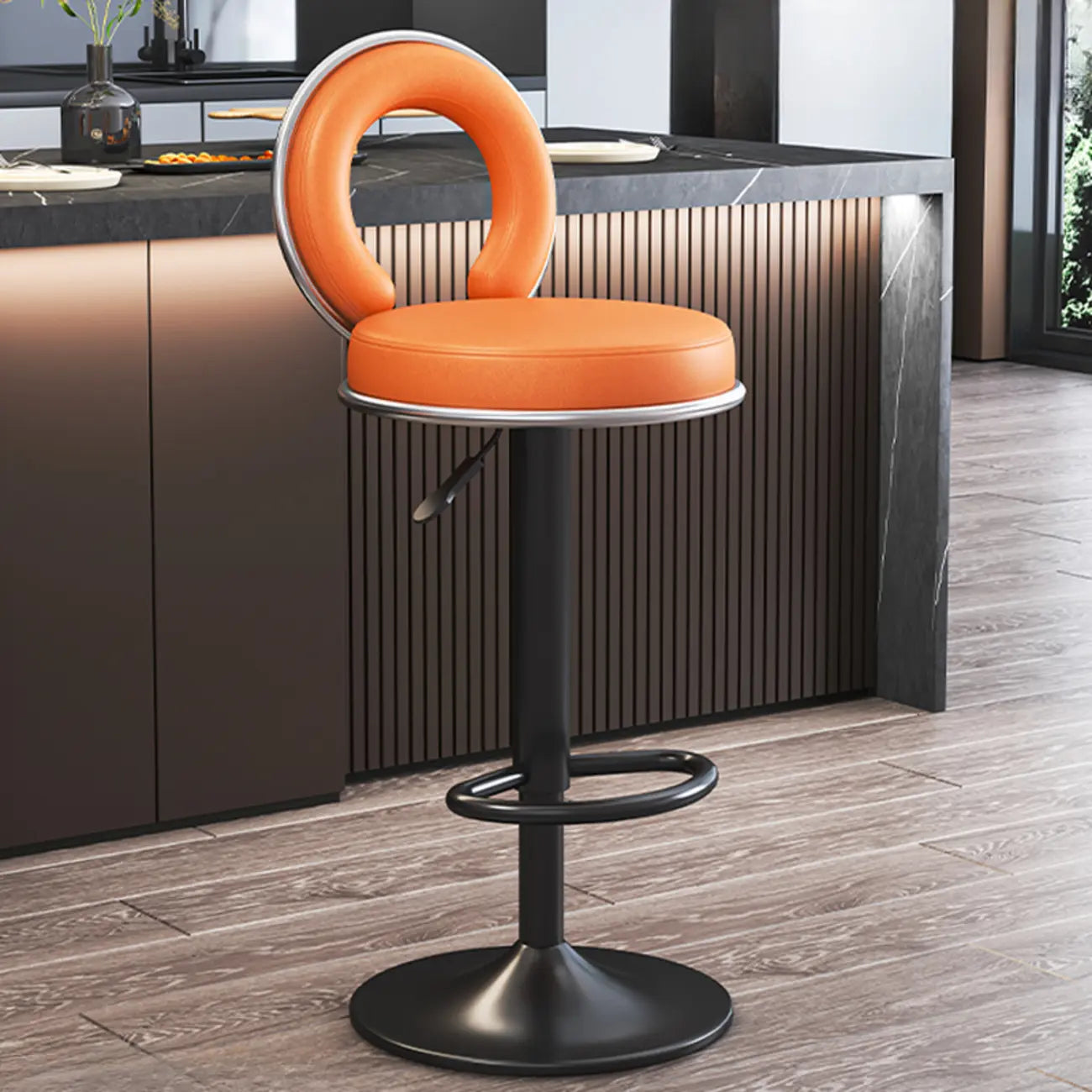 Tabouret de bar pivotant rond et réglable en cuir avec dossier