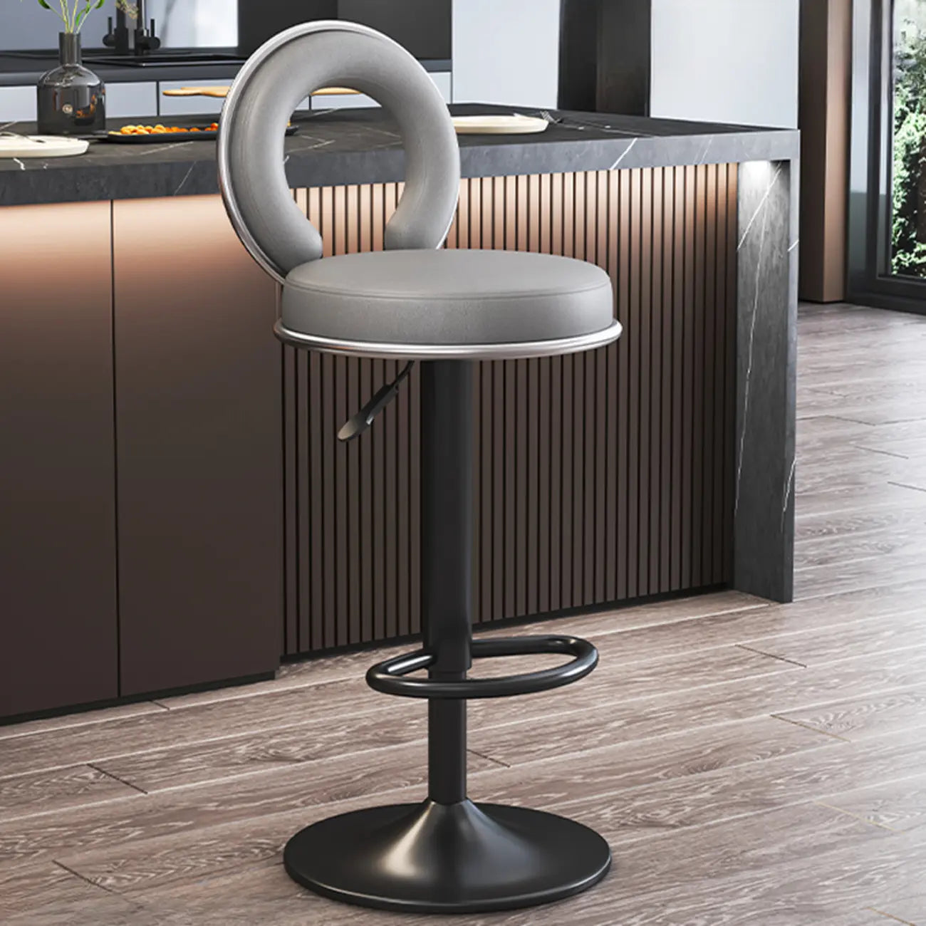 Tabouret de bar pivotant rond et réglable en cuir avec dossier