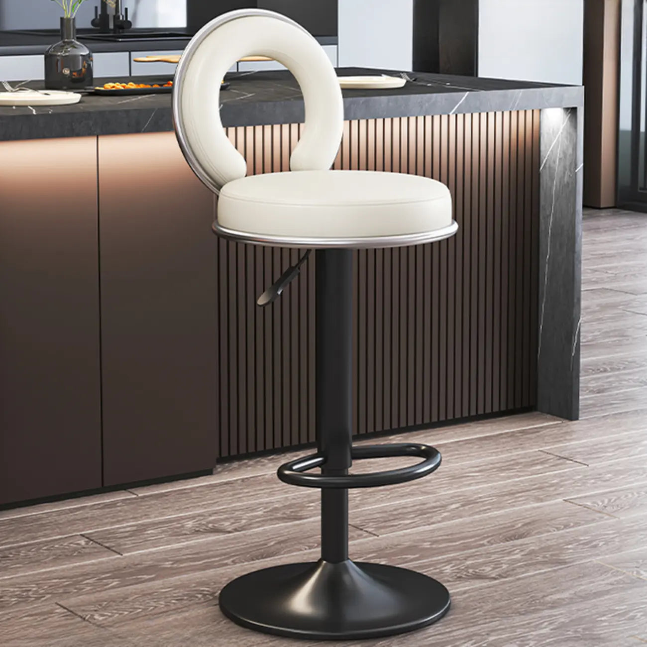 Tabouret de bar pivotant rond et réglable en cuir avec dossier