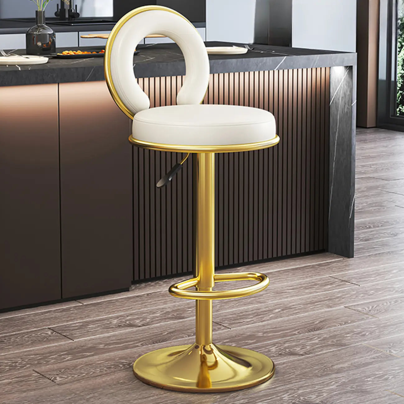 Tabouret de bar pivotant rond et réglable en cuir avec dossier