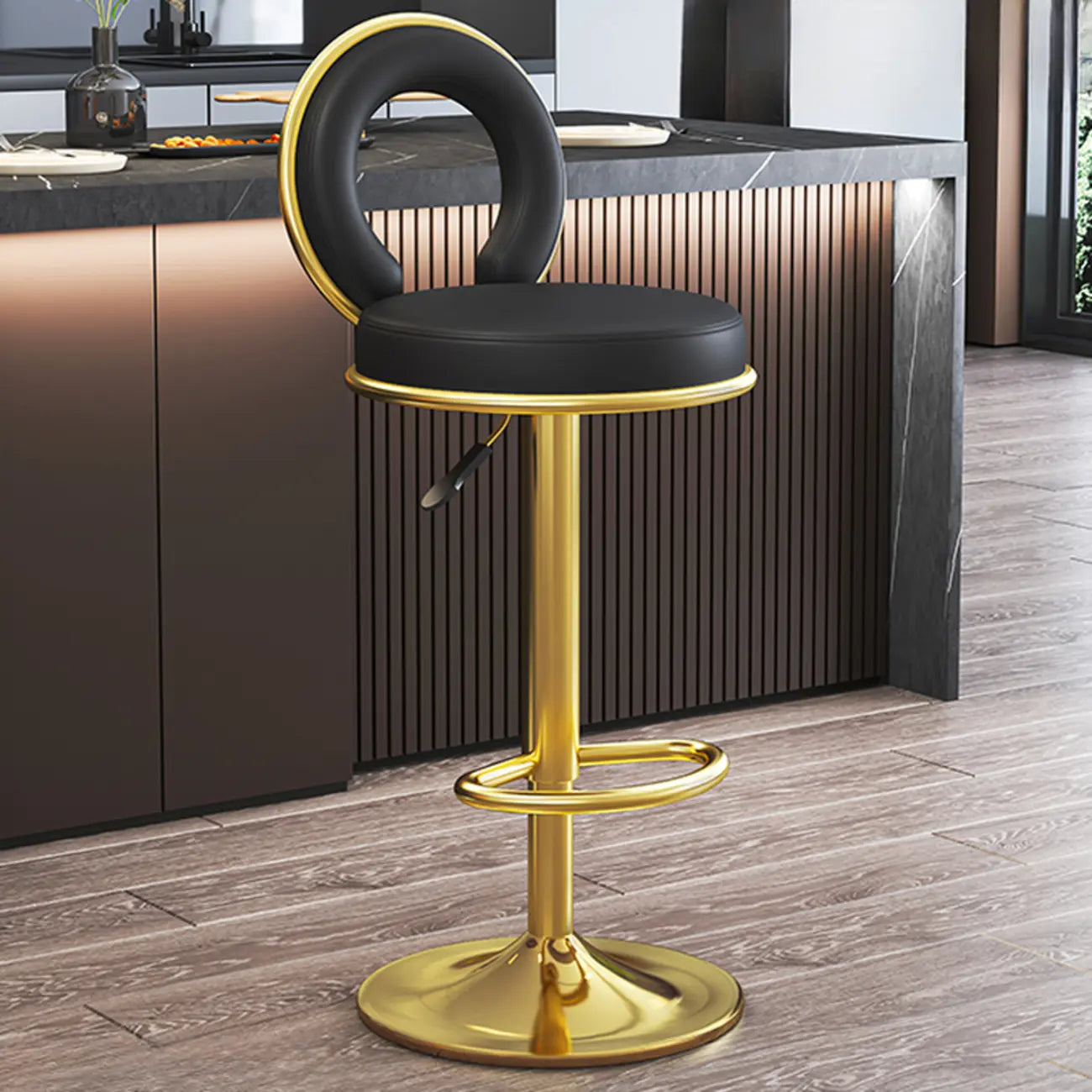Tabouret de bar pivotant rond et réglable en cuir avec dossier