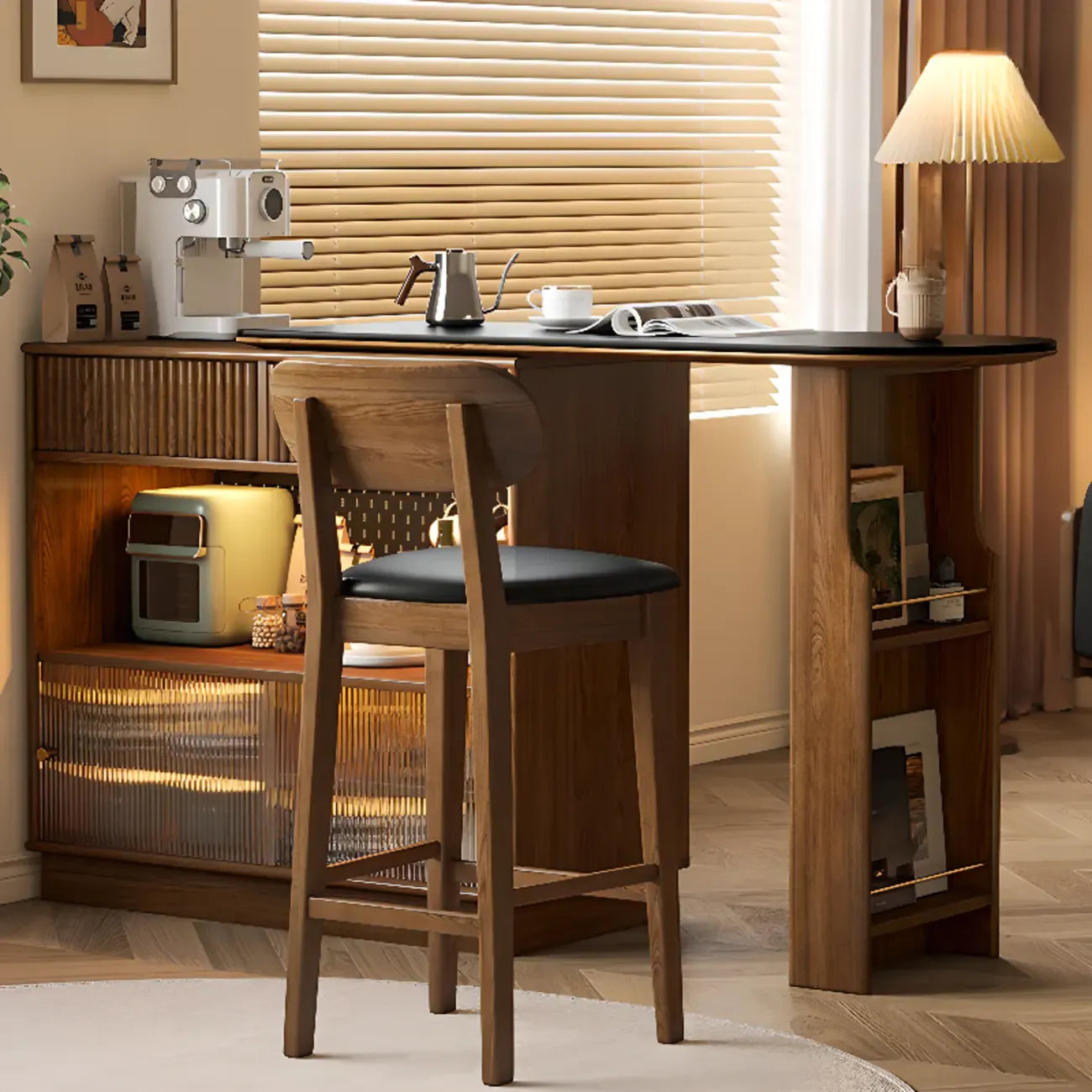 Tables de bar convertibles modernes en bois brun et pierre avec rangement