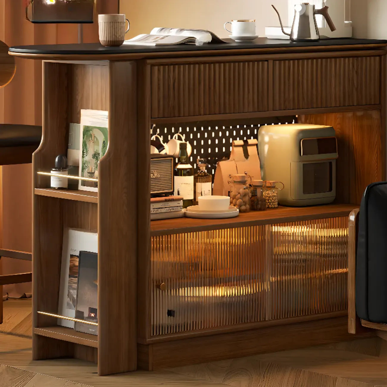 Tables de bar convertibles modernes en bois brun et pierre avec rangement