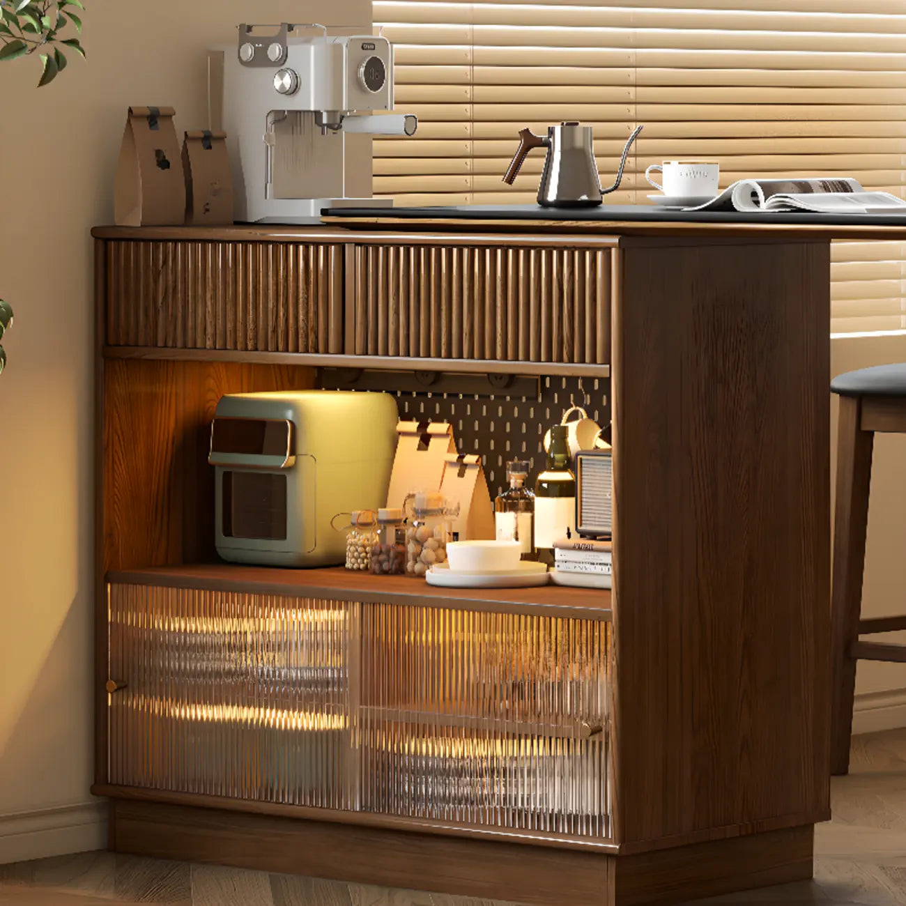Tables de bar convertibles modernes en bois brun et pierre avec rangement