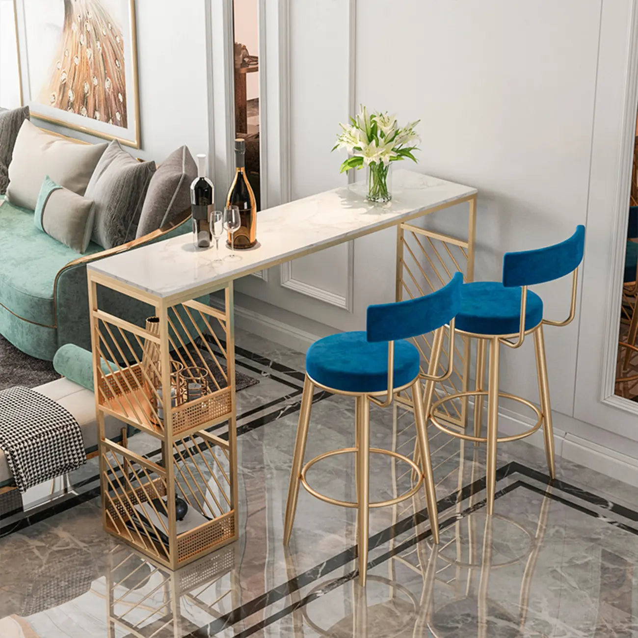 Tables de bar luxueuses en marbre blanc et fer doré avec rangement à 2 niveaux