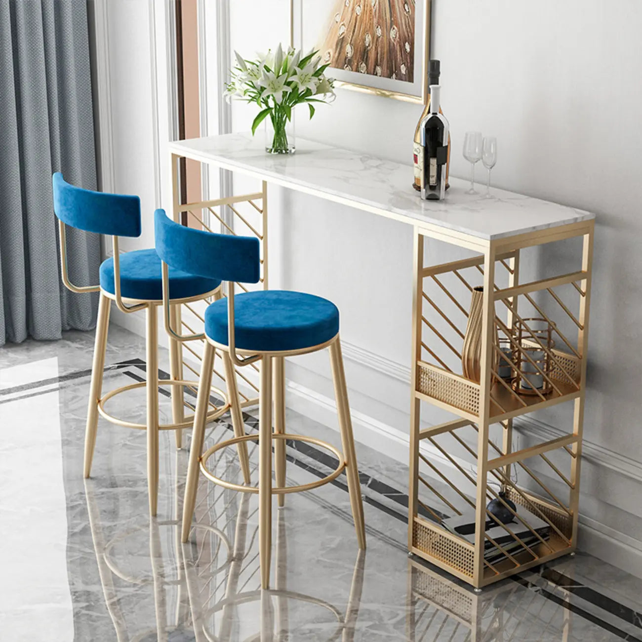 Tables de bar luxueuses en marbre blanc et fer doré avec rangement à 2 niveaux