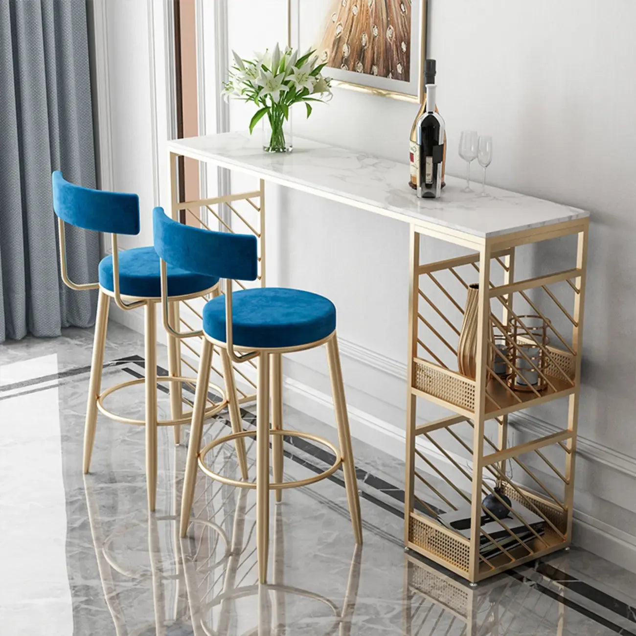 Tables de bar luxueuses en marbre blanc et fer doré avec rangement à 2 niveaux