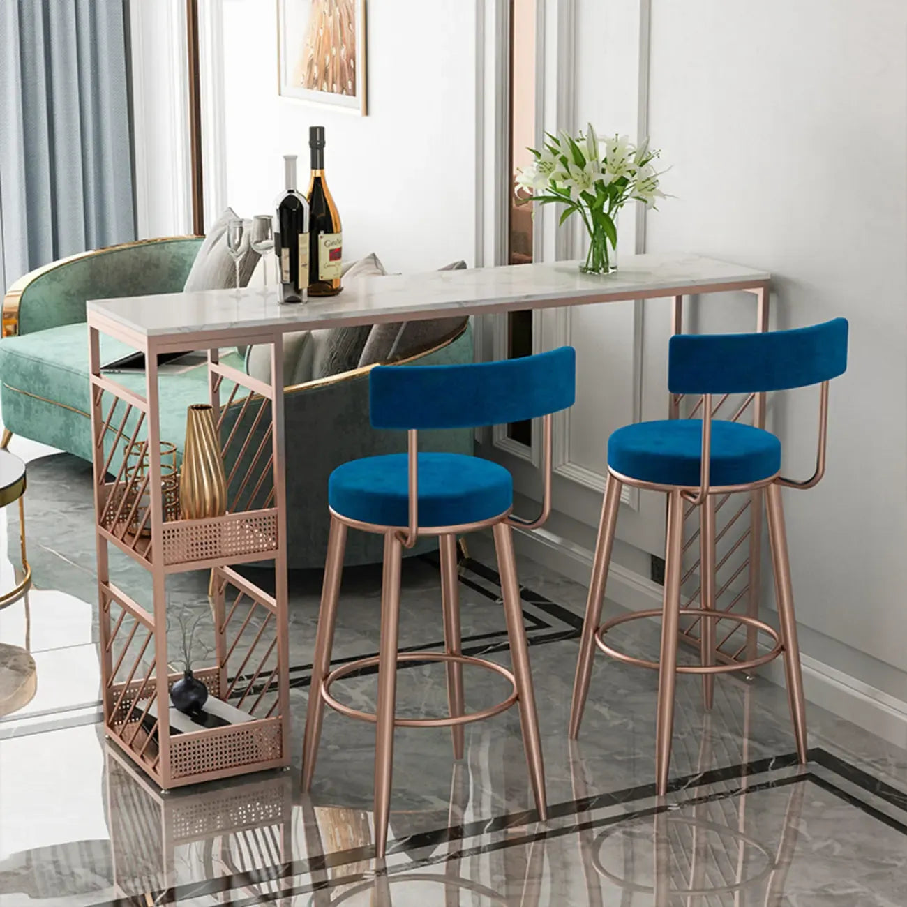 Tables de bar luxueuses en marbre blanc et fer doré avec rangement à 2 niveaux