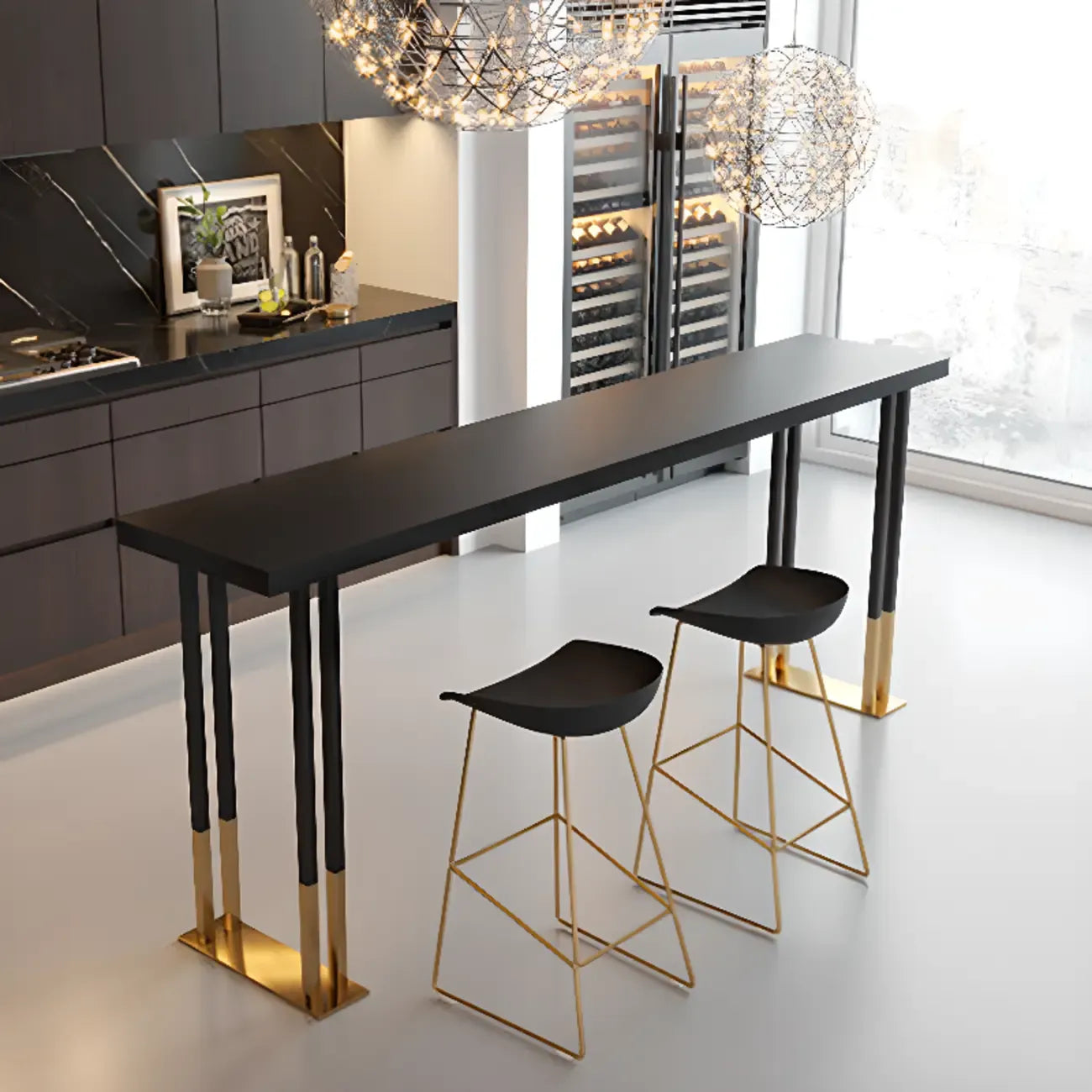 Tables de bar somptueuses en bois, métal et noir doré, style traîneau