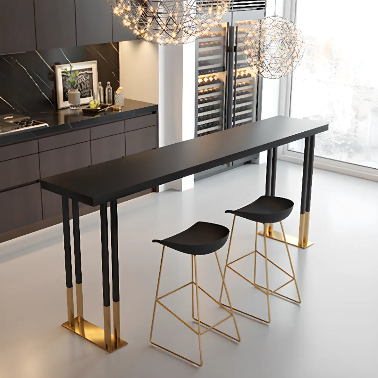 Tables de bar somptueuses en bois, métal et noir doré, style traîneau