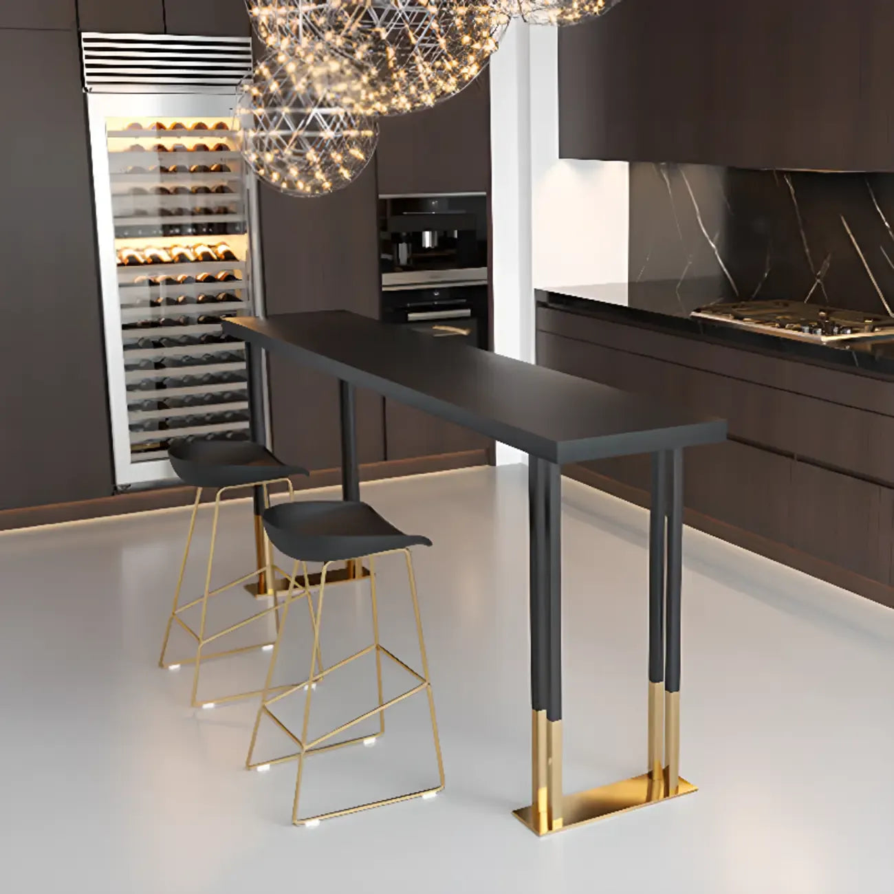 Tables de bar somptueuses en bois, métal et noir doré, style traîneau