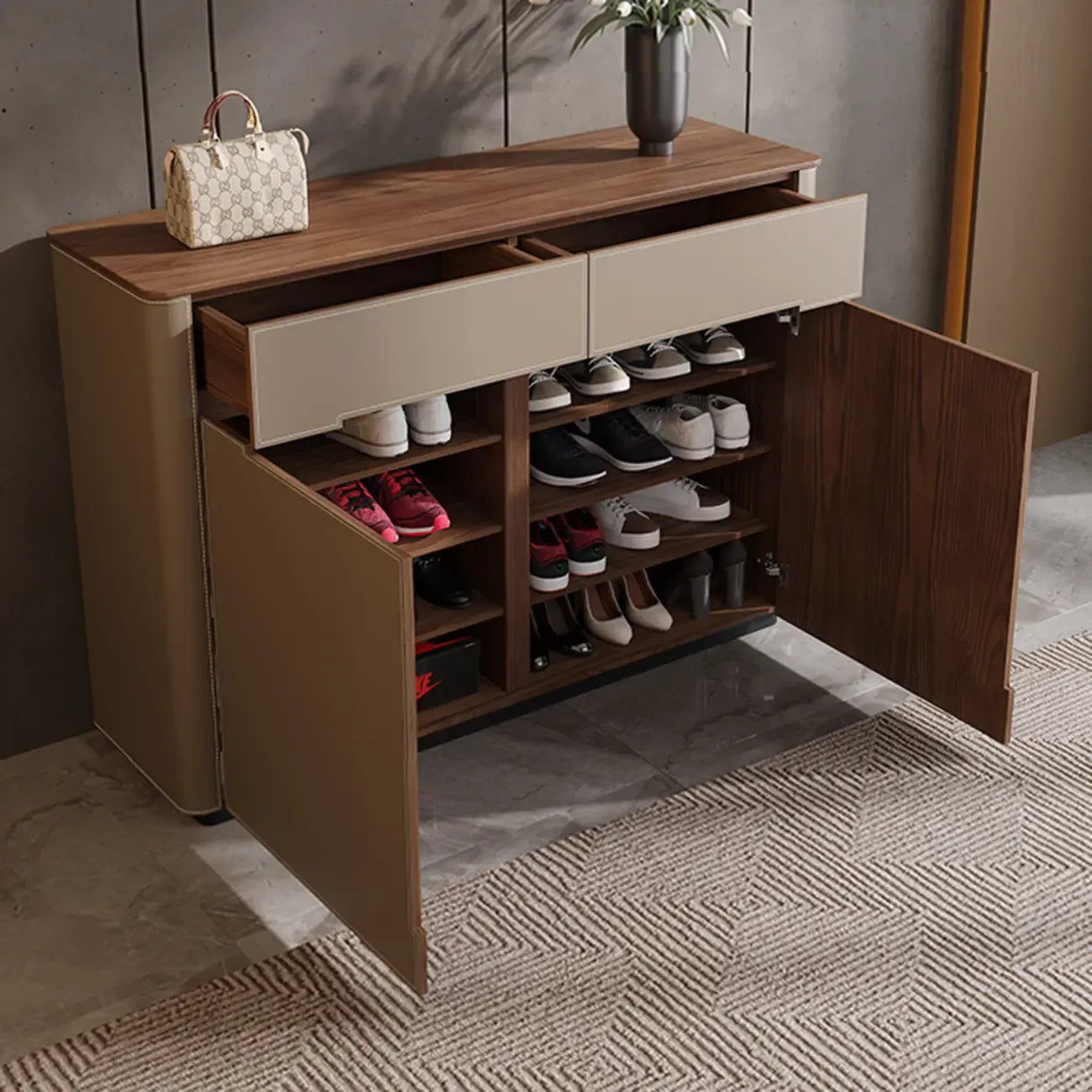Meuble à chaussures tendance en bois beige avec tiroirs pour entrée