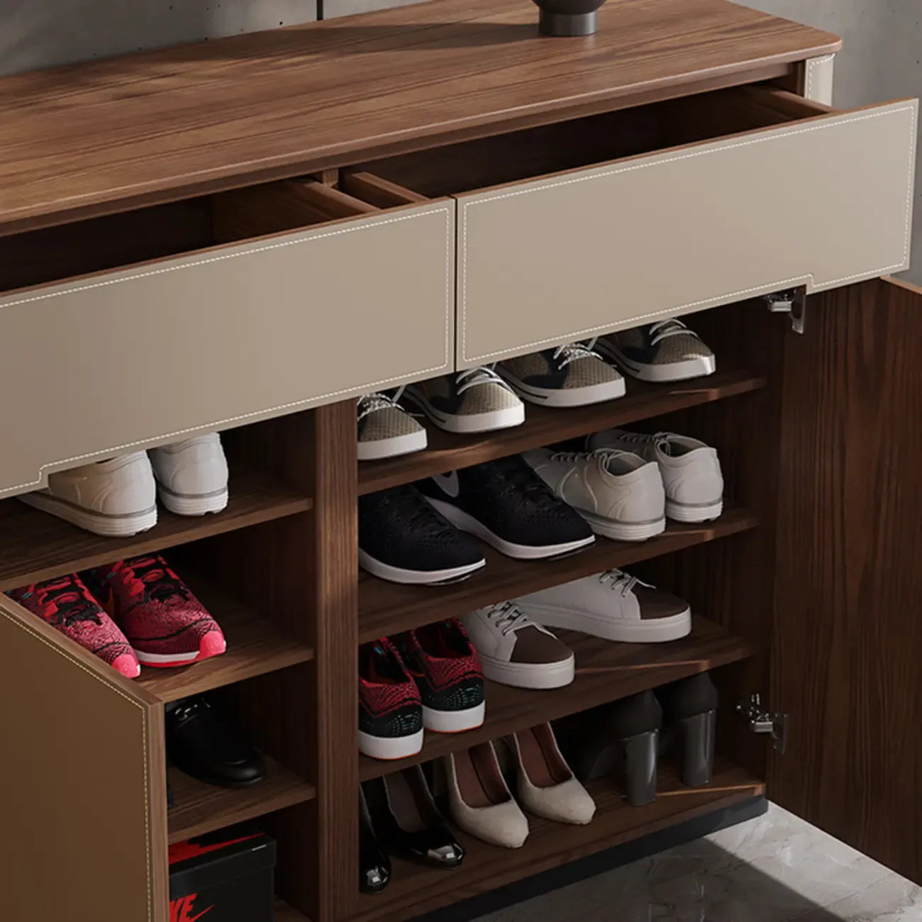 Meuble à chaussures tendance en bois beige avec tiroirs pour entrée