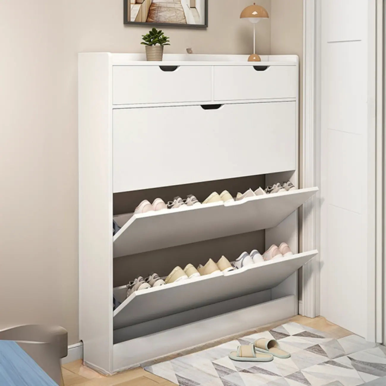 Meuble à chaussures moderne en bois avec tiroir rabattable pour entrée