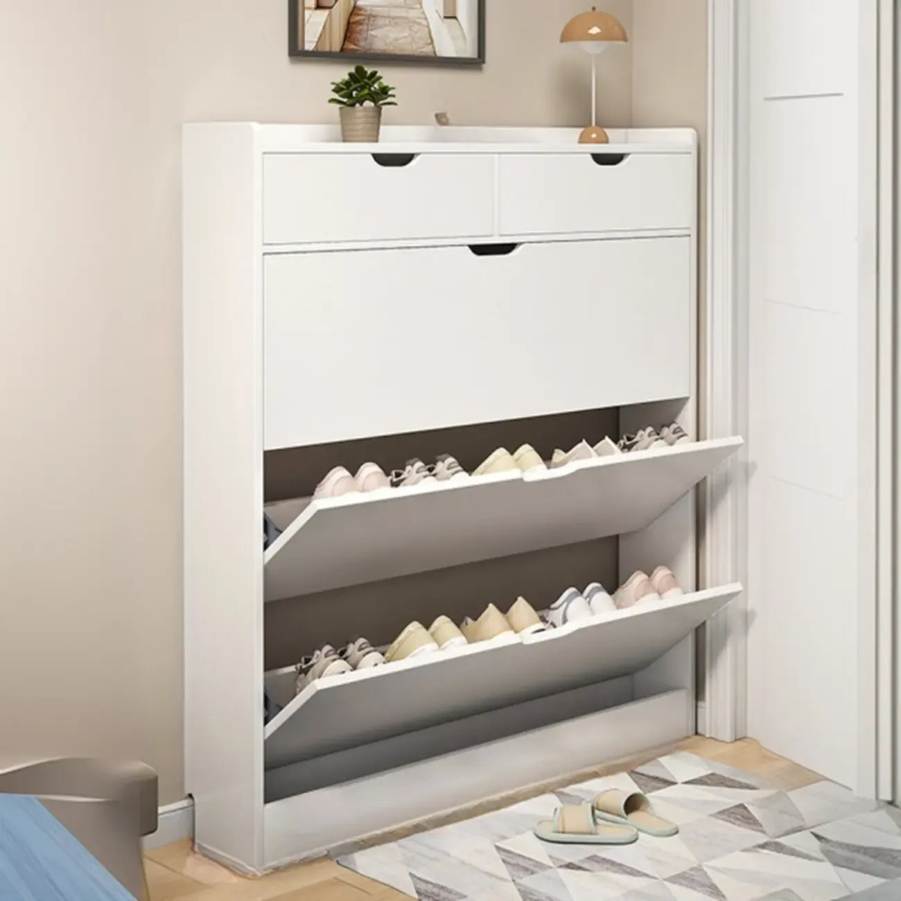 Meuble à chaussures moderne en bois avec tiroir rabattable pour entrée