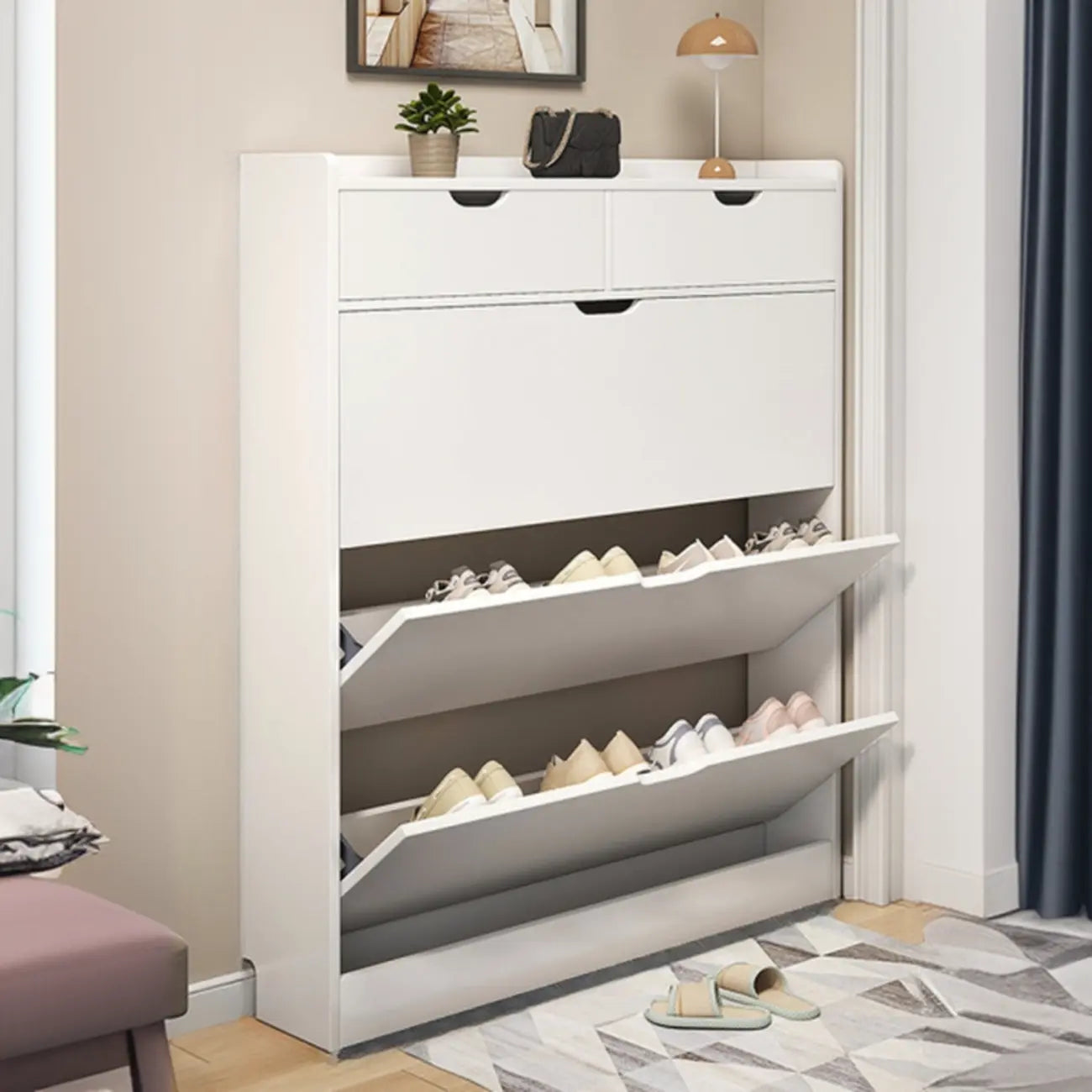 Meuble à chaussures moderne en bois avec tiroir rabattable pour entrée