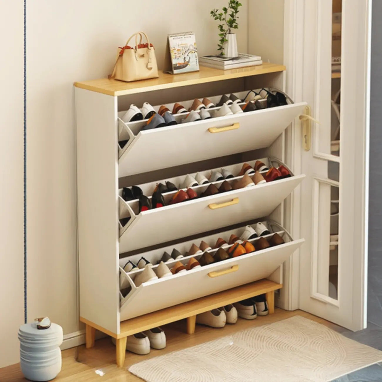 Meuble à chaussures moderne en bois avec tiroir rabattable pour entrée