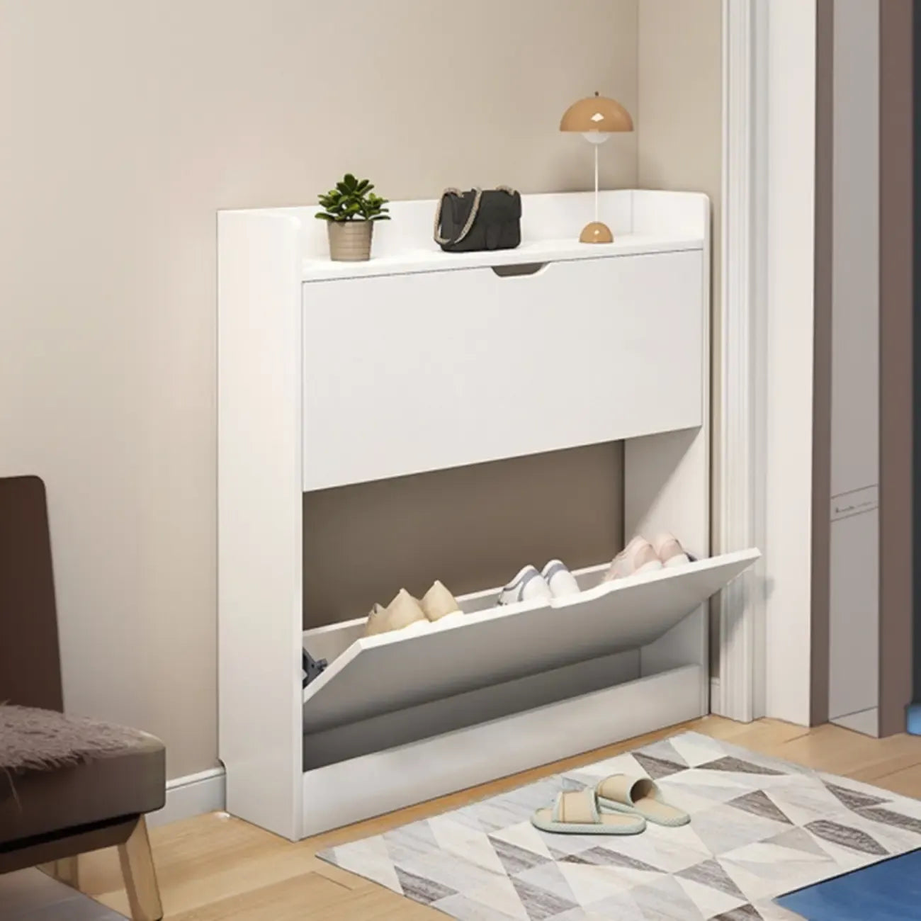 Meuble à chaussures moderne en bois avec tiroir rabattable pour entrée