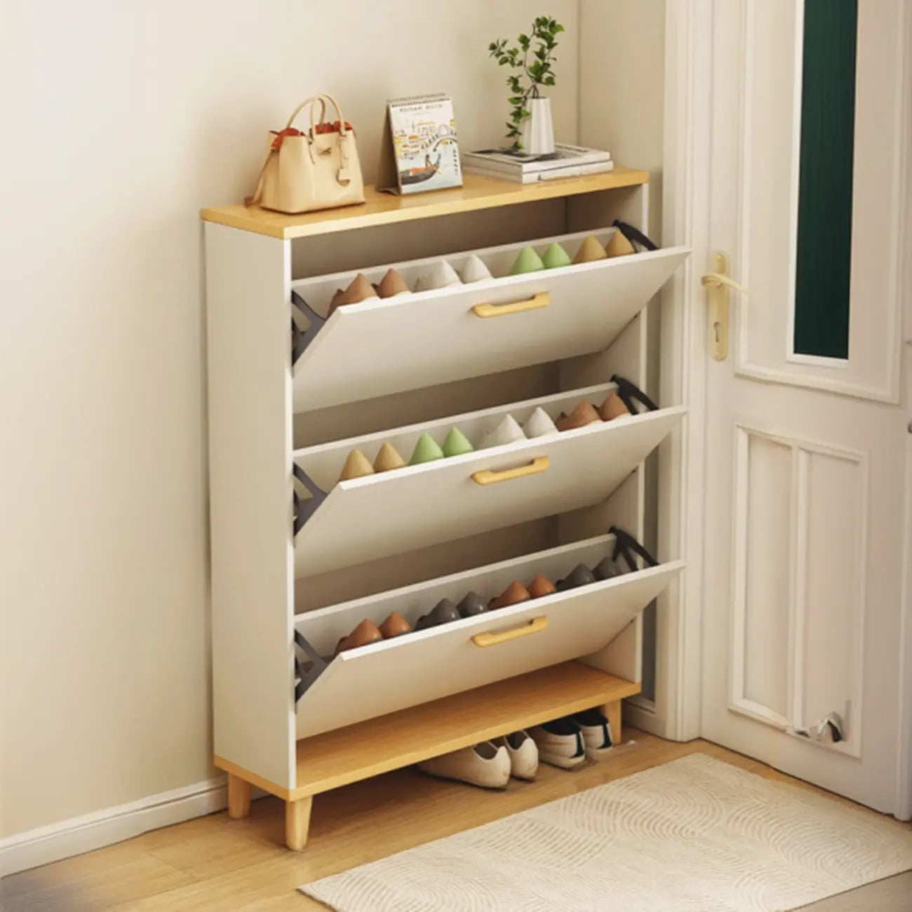 Meuble à chaussures moderne en bois avec tiroir rabattable pour entrée
