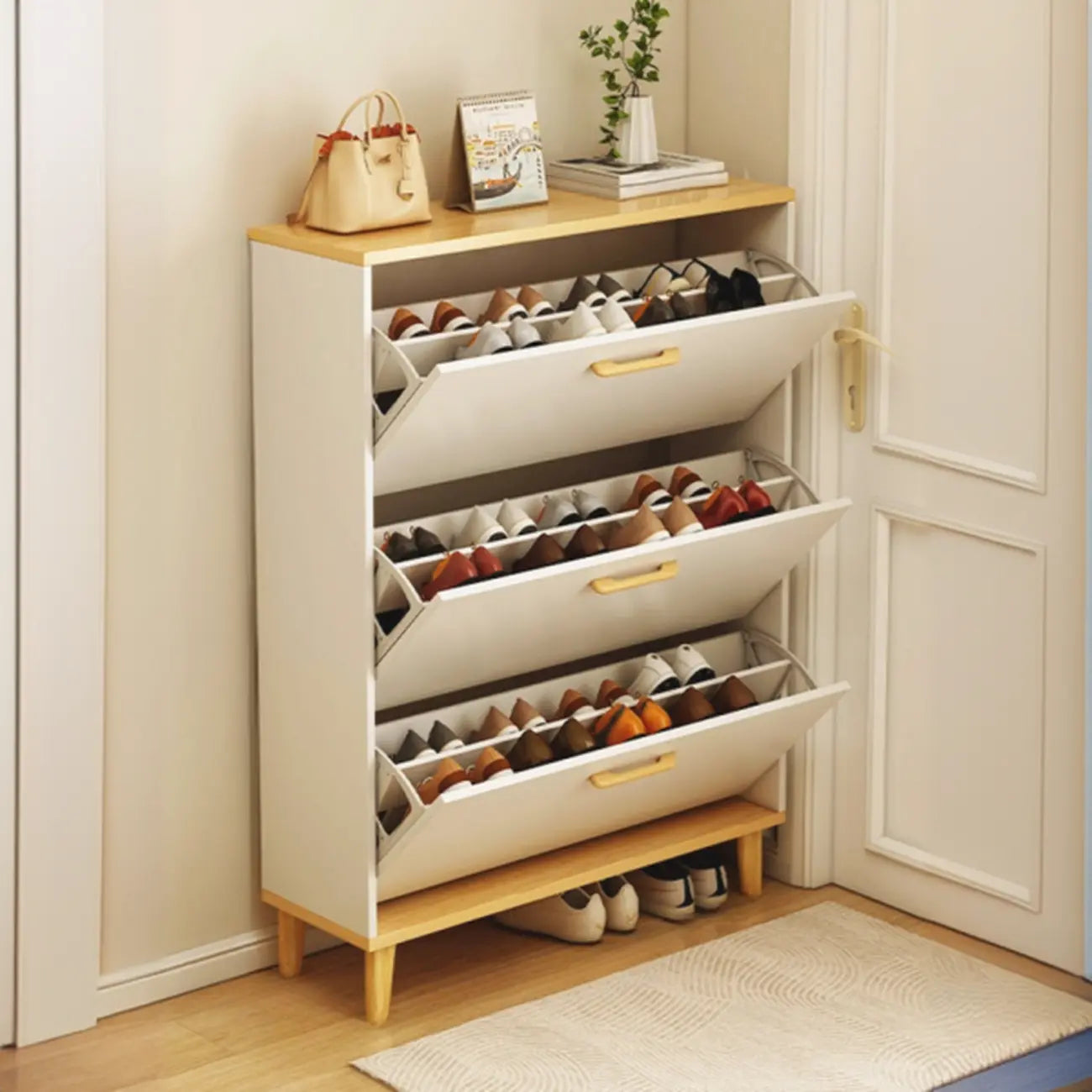 Meuble à chaussures moderne en bois avec tiroir rabattable pour entrée
