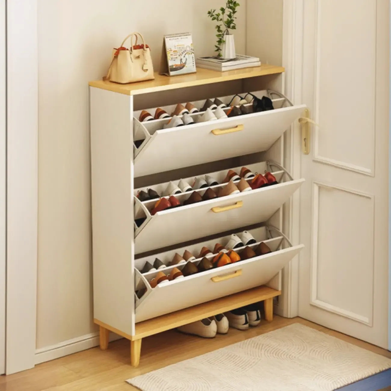 Meuble à chaussures moderne en bois avec tiroir rabattable pour entrée