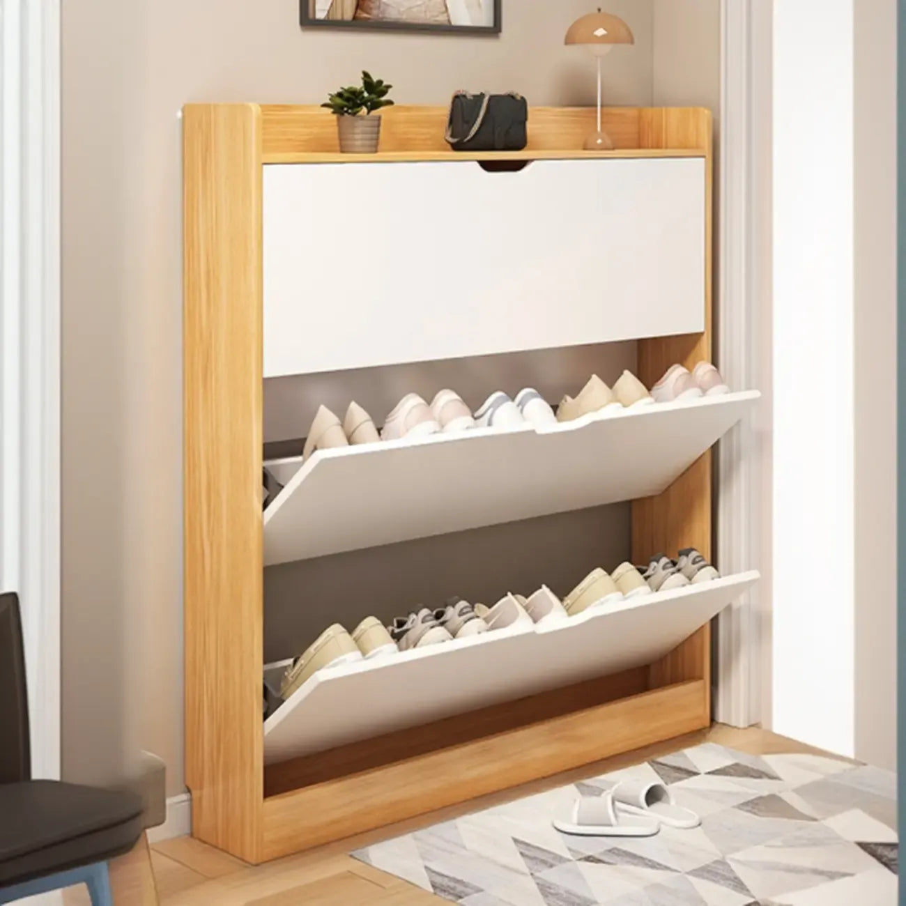 Meuble à chaussures moderne en bois avec tiroir rabattable pour entrée