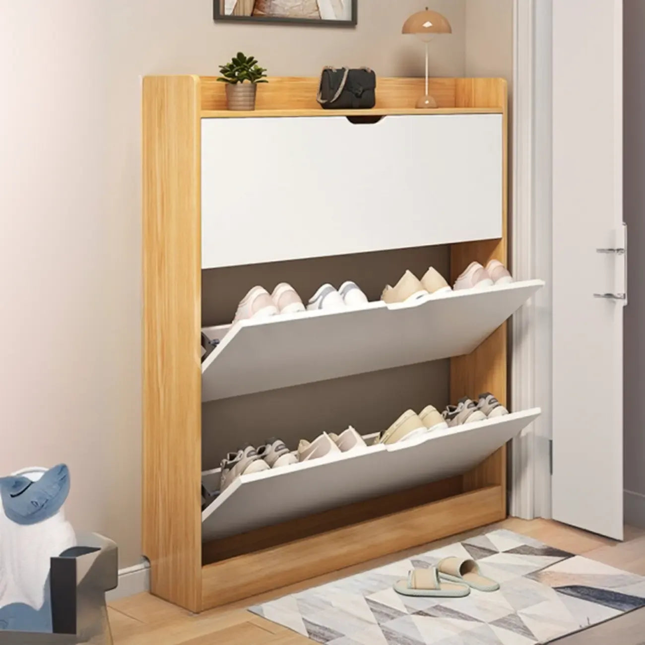 Meuble à chaussures moderne en bois avec tiroir rabattable pour entrée