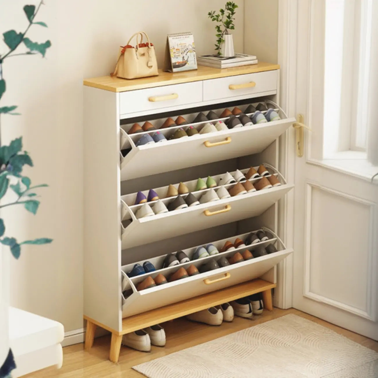 Meuble à chaussures moderne en bois avec tiroir rabattable pour entrée