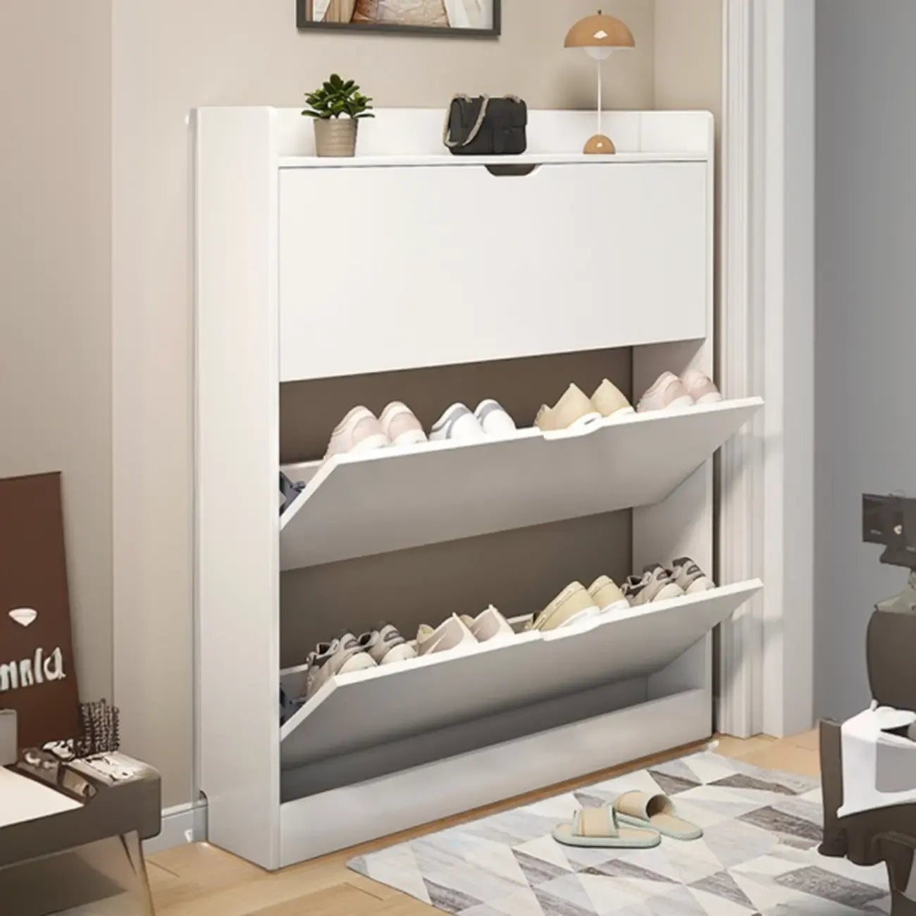 Meuble à chaussures moderne en bois avec tiroir rabattable pour entrée