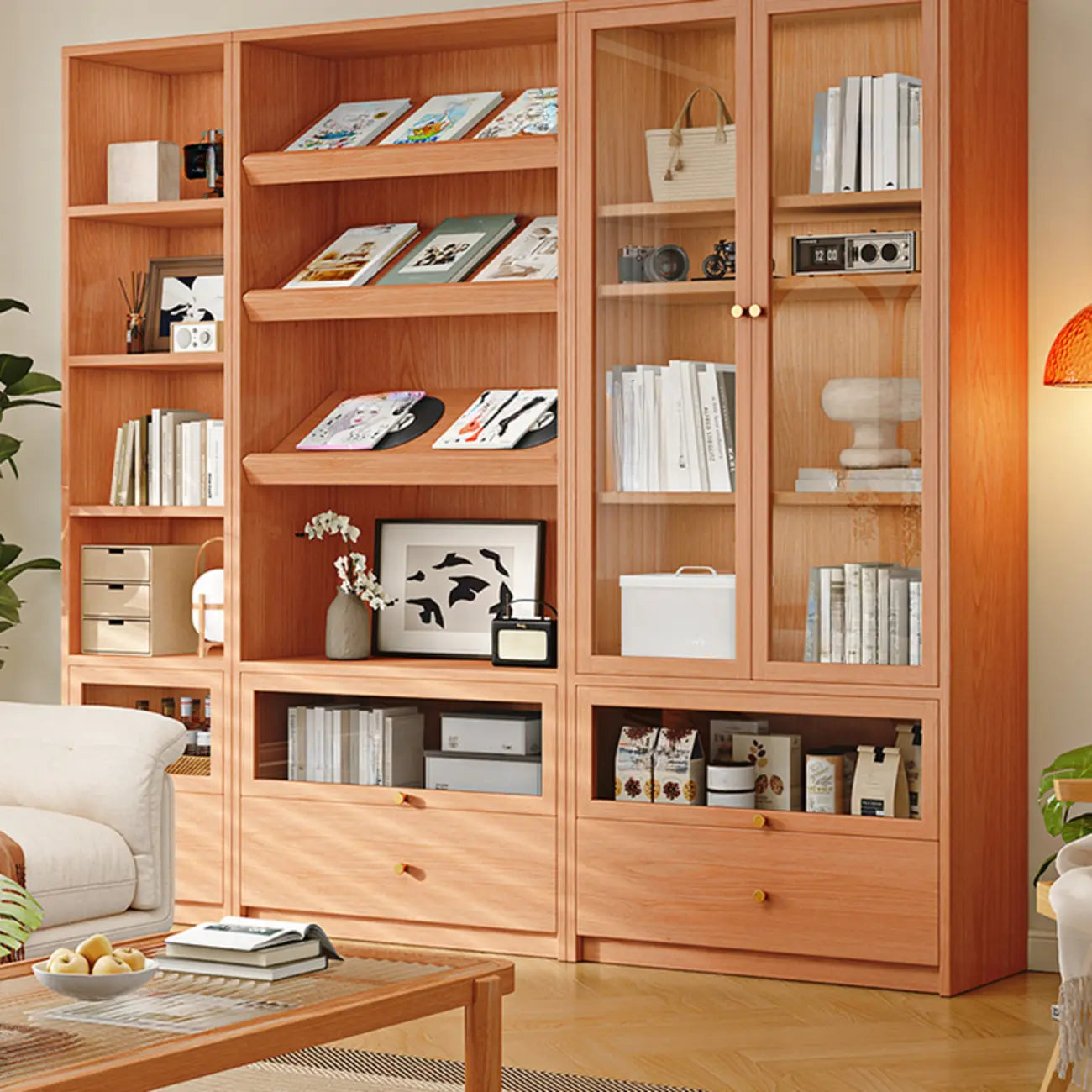 Libreria espositiva a 5 ripiani moderna in legno di ciliegio, altezza 199,9 cm