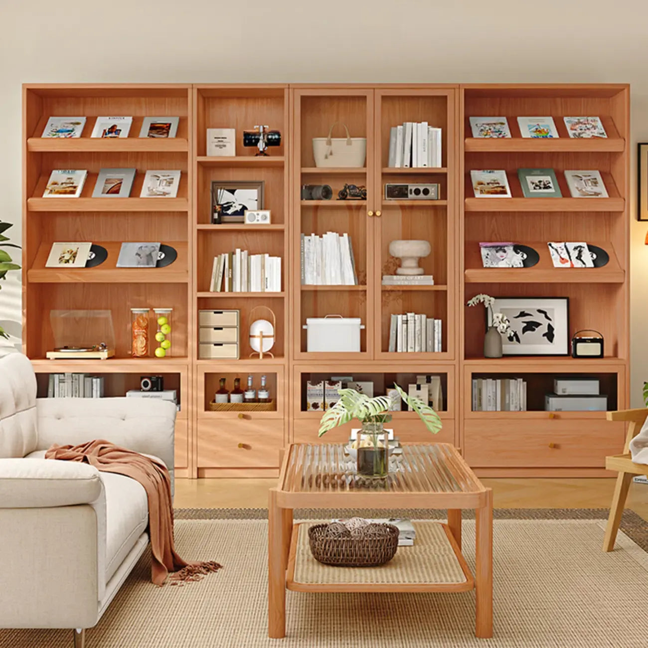 Libreria espositiva a 5 ripiani moderna in legno di ciliegio, altezza 199,9 cm