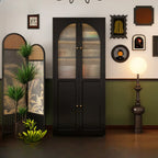 Bibliothèque contemporaine en métal noir avec portes vitrées