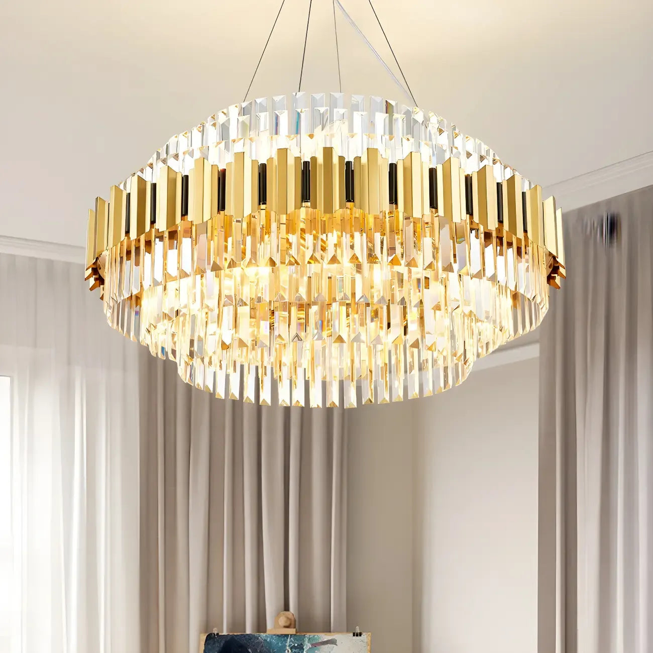 Lustre suspendu à plusieurs niveaux en cristal doré pour salon moderne